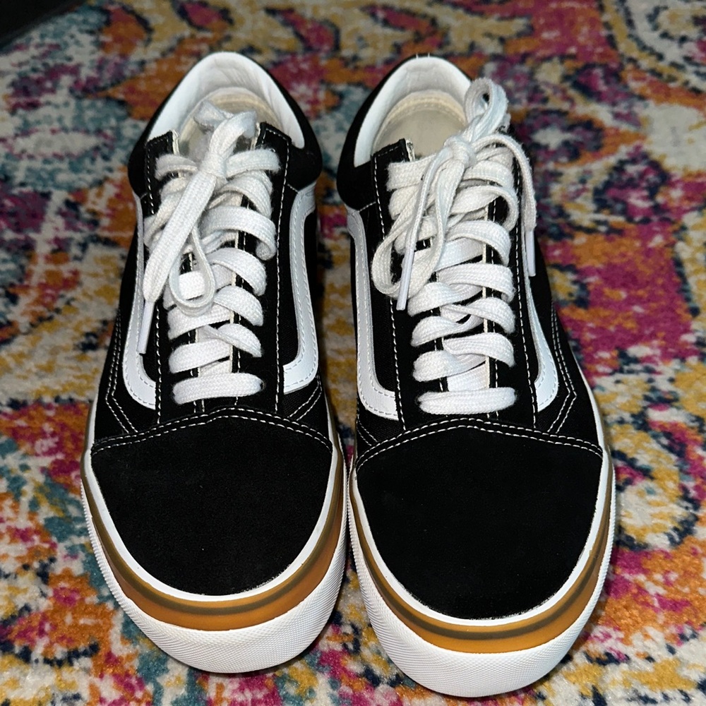 Old Skool Platform Vans Black and White Sneakers with Gold Trim